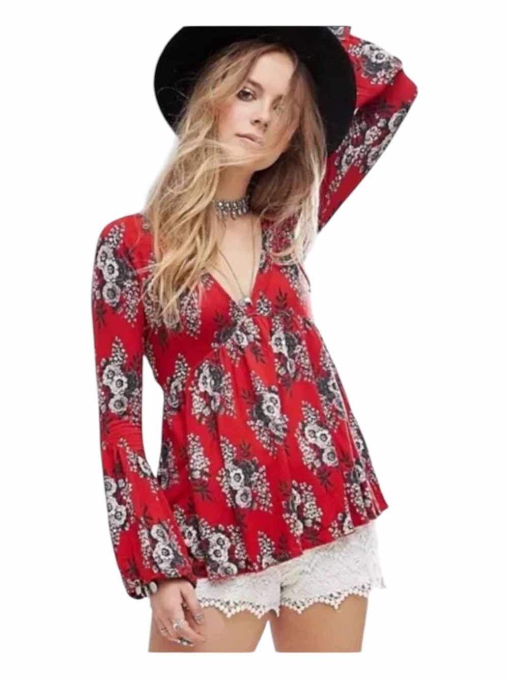 Free People Speak Easy Bell Sleeve Red Gray Floral Peasant Top Women Size Large